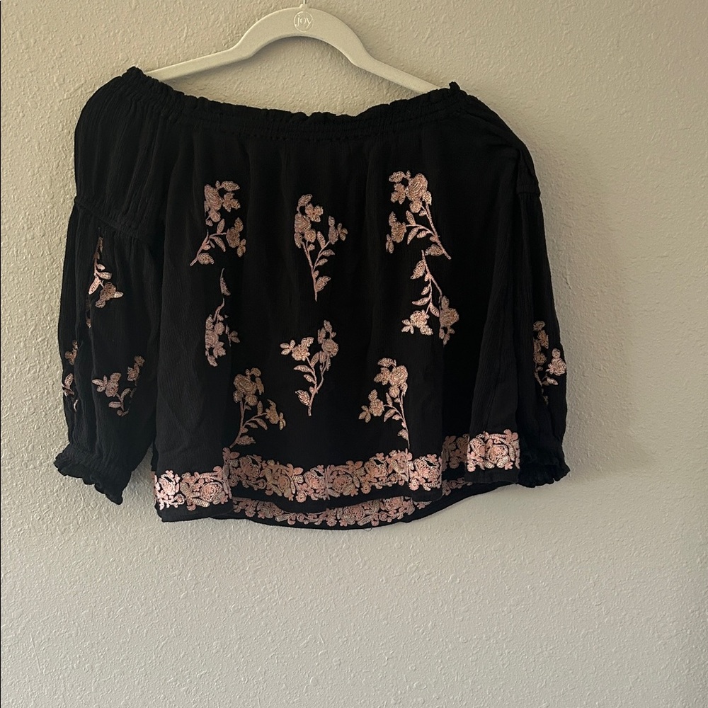 American Eagle Outfitters Black Blouse with Pink Floral Embroidery
